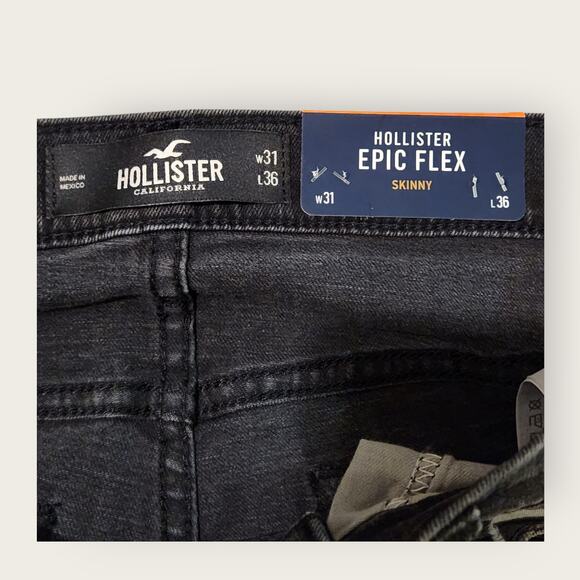 Hollister Jeans Men's 32x34 Skinny Epic Flex Charcoal Factory Distressed NWT - Picture 7 of 7
